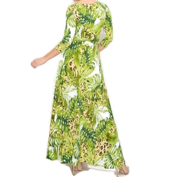Janette Fashion Leopard Lime Banana Leaves Faux Wrap Maxi Dress - Picture 3 of 4
